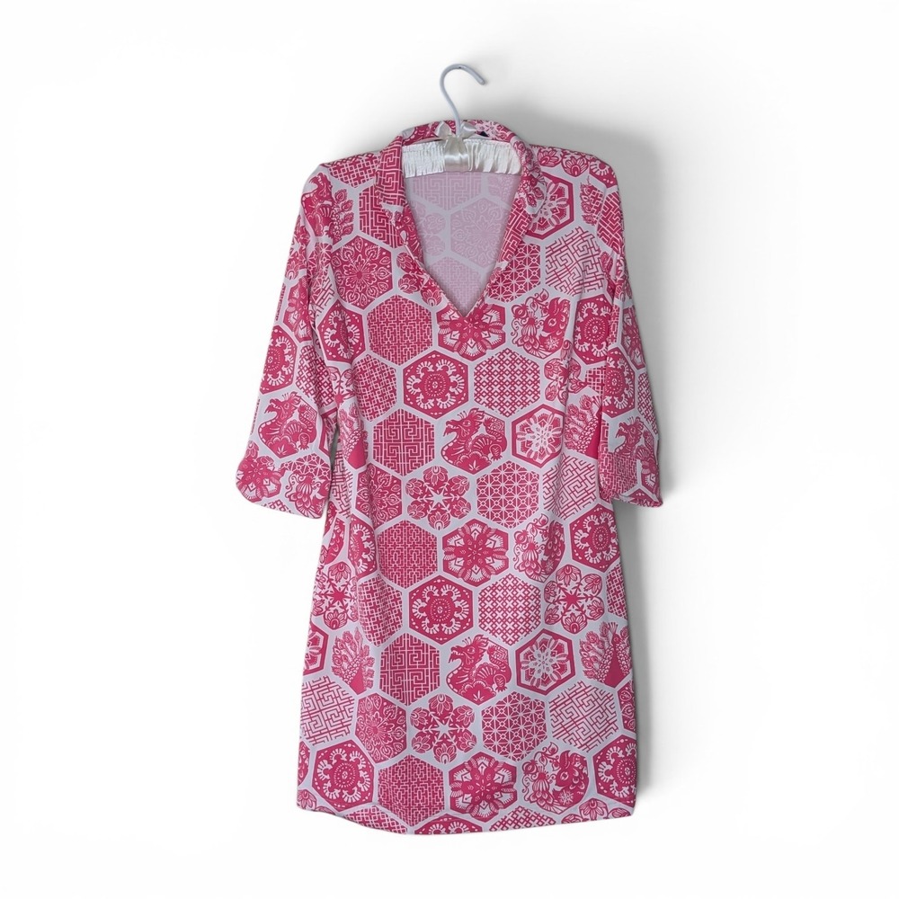 Katherine Way Pink White Geometric Dragon Peacock V-Neck Shift Dress Small